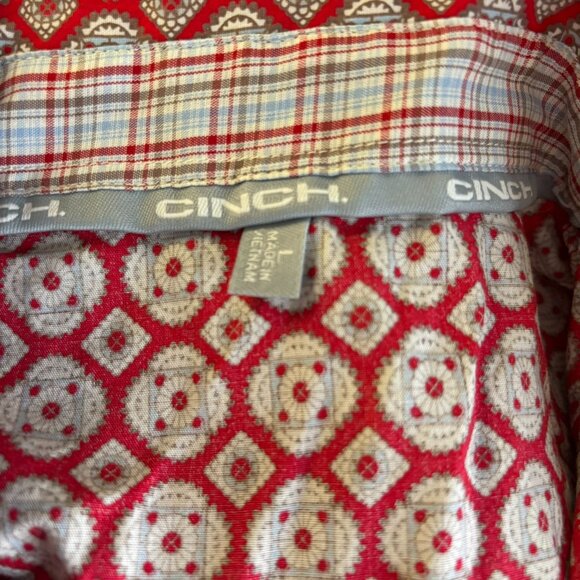 Cinch Button Up Long Sleeve Shirt Medium Red White Geometric Cotton Pocket - Picture 6 of 6